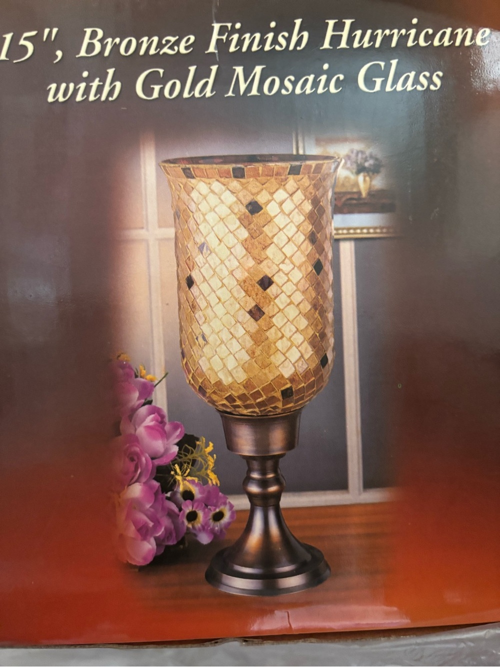 Gold Mosaic Glass Hurricane Lamp with Bronze Finish